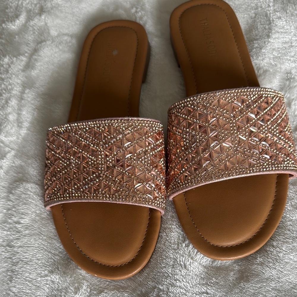 Thalia Sodi Gold and Tan Sandals with Glitter Strap